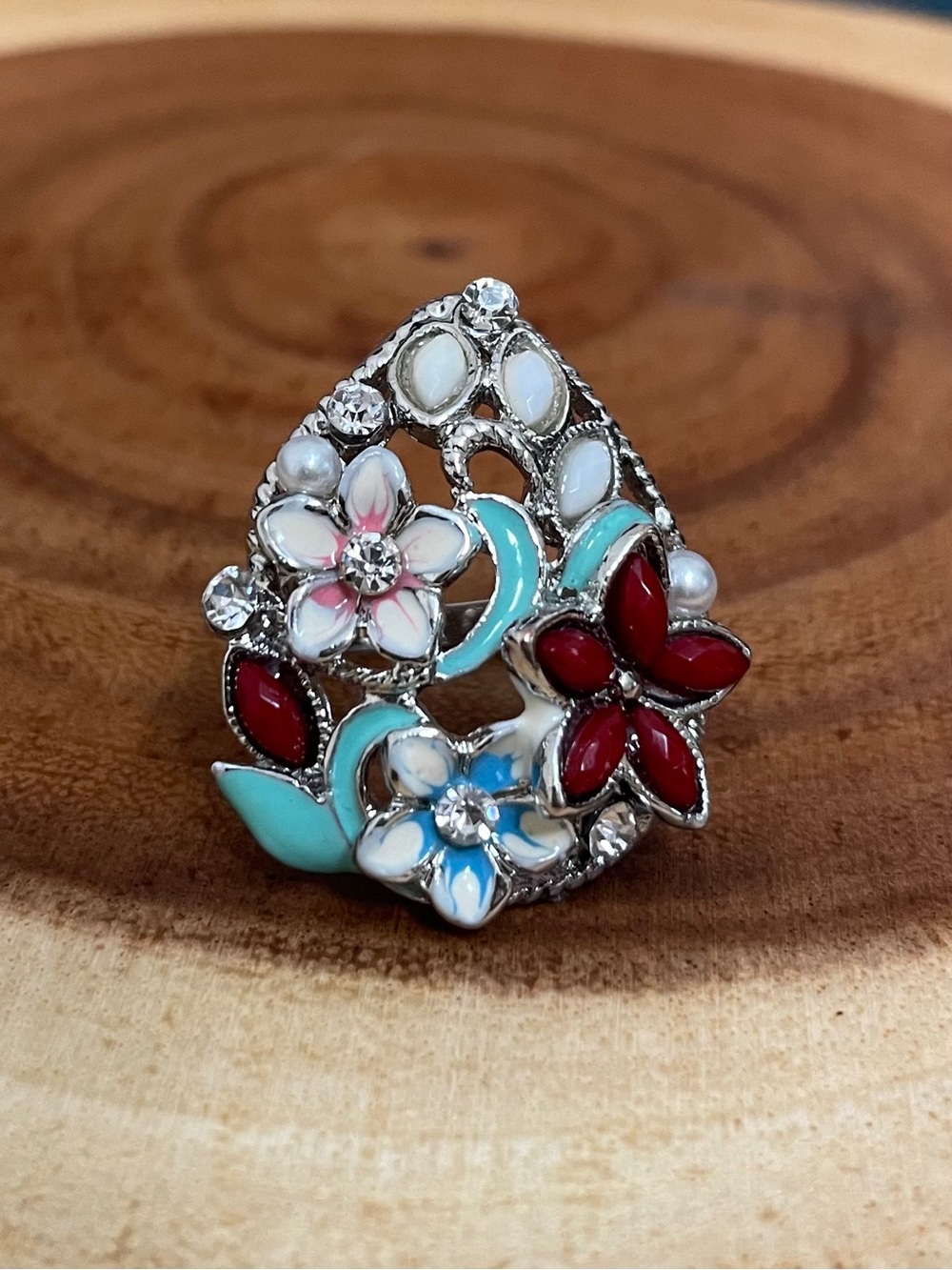 Vintage Floral Multicolor Enamel Pear Shaped Statement Ring Turquoise Red White - Picture 2 of 10